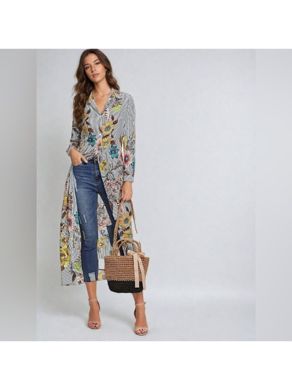 Boho Striped Floral Longline Shirt